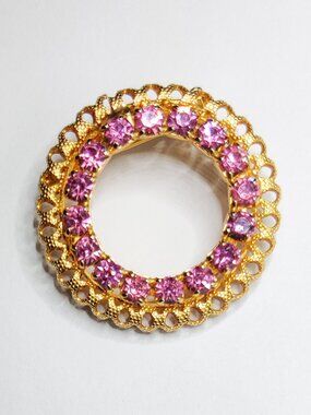 1950-60s Vintage Gold Toned Brooch w Pink Crystals